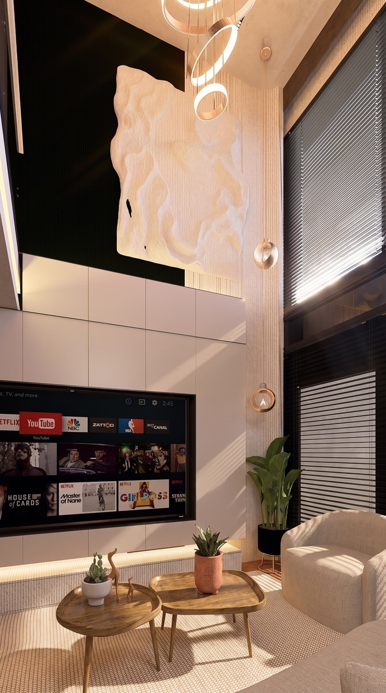 1+1 Loft daire salonu — 5,5 metre çift yükseklik yaşam alanı