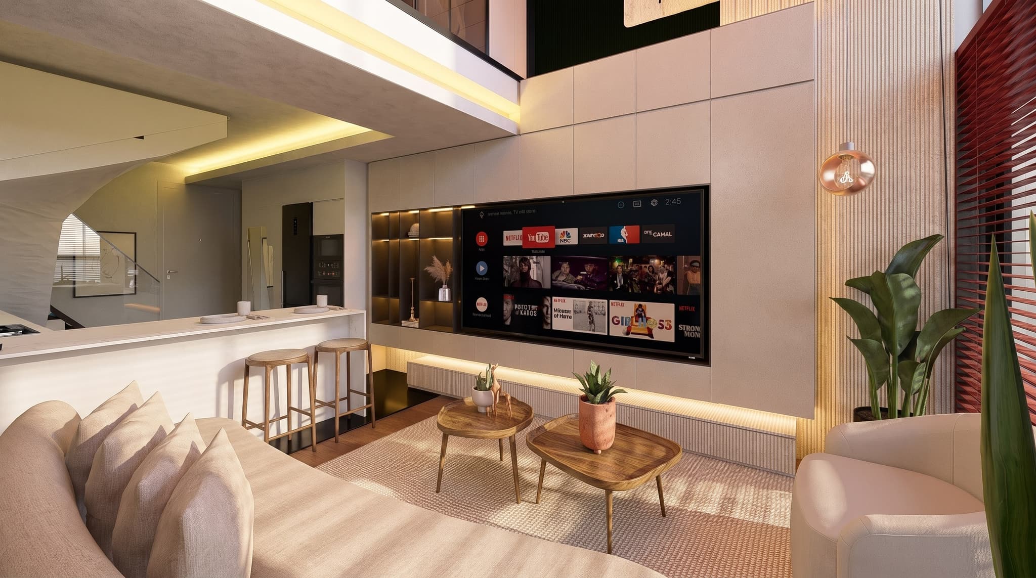 1+1 Loft — asma kat ve metal merdiven, salonun üstündeki galeri boşluğu